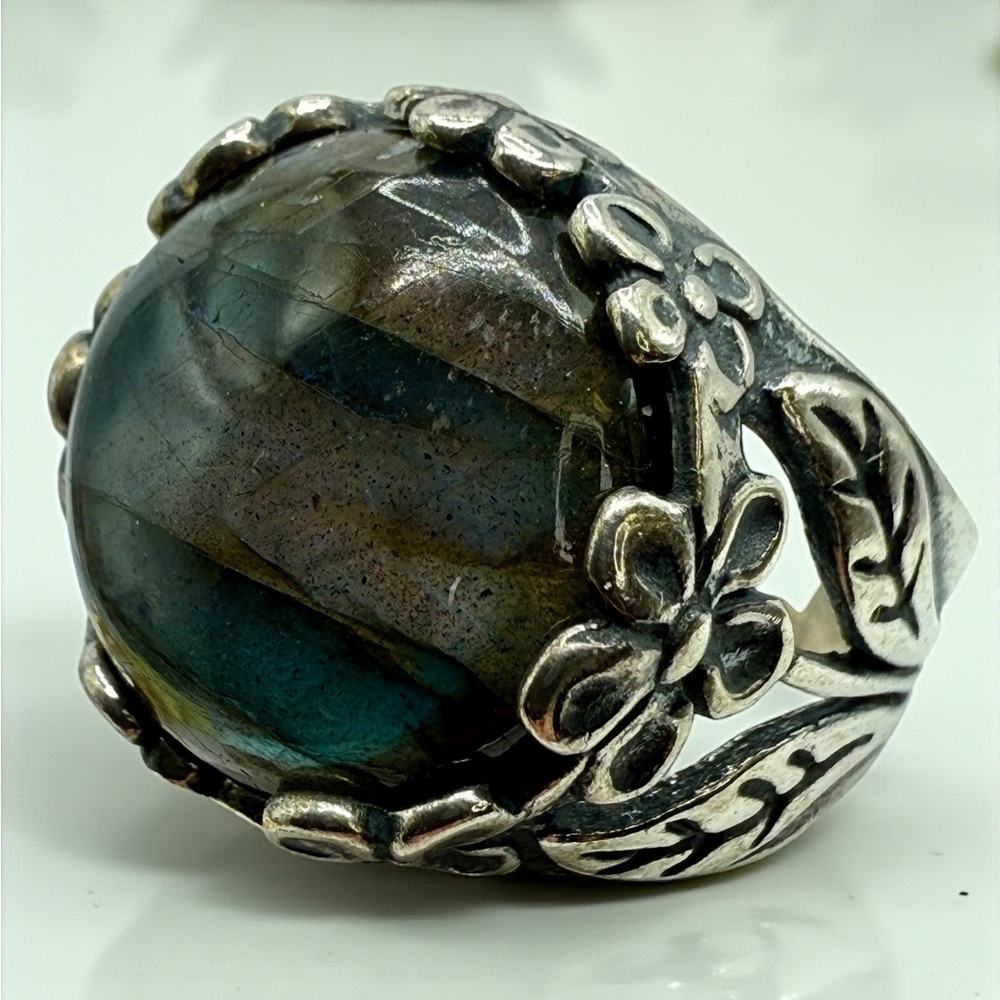Sterling Silver Israel PZ Labradorite Floral Statement Ring – Size 8 - Picture 4 of 17
